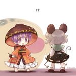  2girls animal_ears bangs barefoot biyon black_dress capelet dress grey_hair japanese_clothes kimono long_sleeves minigirl miracle_mallet mouse_ears mouse_tail multiple_girls nazrin needle obi purple_eyes purple_hair red_kimono sash short_hair standing sukuna_shinmyoumaru tail touhou twitter_username 