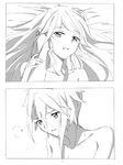  2koma ange_(princess_principal) artist_request bed collarbone comic couple eye_contact greyscale hand_on_another's_cheek hand_on_another's_face implied_sex long_hair looking_at_another monochrome multiple_girls nude princess_(princess_principal) princess_principal short_hair yuri 