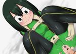  1girl :&gt; asui_tsuyu bar_censor beige_gloves black_eyes black_legwear blush bodysuit boku_no_hero_academia breasts censored clitoris closed_mouth cum cum_in_pussy erection green_hair hair_between_eyes hetero leg_lift looking_at_another lying male_pubic_hair medium_breasts meronshiroppu missionary on_back penis pointless_censoring pubic_hair pussy sex solo_focus thighhighs torn_bodysuit torn_clothes vaginal 