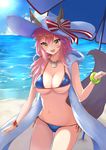  :d animal_ears beach beach_umbrella bikini blue_bikini blush bow bracelet breasts cleavage day ears_through_headwear fate/grand_order fate_(series) fox_ears fox_tail hat hat_bow highres jewelry kurokku large_breasts long_hair looking_at_viewer navel necklace ocean open_mouth pink_hair smile solo sun_hat swimsuit tail tamamo_(fate)_(all) tamamo_no_mae_(fate) tamamo_no_mae_(swimsuit_lancer)_(fate) umbrella white_hat yellow_eyes 