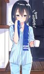  bangs blue_eyes blue_pajamas blue_pants blue_shirt blue_towel closed_mouth coffee_mug commentary cup hair_between_eyes holding holding_cup looking_at_viewer mug original pajamas pants shiny shiny_hair shirt short_hair short_sleeves sleepy solo standing striped striped_shirt suzunari_shizuku tired towel towel_around_neck translated vertical-striped_shirt vertical_stripes yuki_arare 