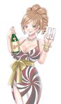  alcohol bangle bracelet breasts brown_eyes brown_hair champagne_flute cleavage cup dress drinking_glass huge_breasts jewelry kawamoto_akari komotodaemai lipstick looking_at_viewer makeup necklace pearl_earrings pearl_necklace sangatsu_no_lion smile solo standing 