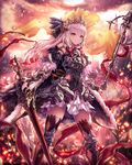  armor bad_hands black_legwear bracer closed_mouth crown flag h2o_(dfo) hair_ornament holding holding_sword holding_weapon long_hair looking_at_viewer original outdoors purple_eyes solo standing sword tattered_flag thighhighs weapon white_hair 