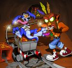  2017 aku_aku bandicoot crash_bandicoot crash_bandicoot_(series) eyebrows feathers foot-paws_(artist) fur kangaroo loose_feather male mammal marsupial mask ripper_roo tickling video_games 