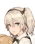  absurdres bangs biting blue_eyes boko_(girls_und_panzer) bow bowtie commentary eyebrows_visible_through_hair girls_und_panzer grey_eyes grey_hair hair_between_eyes hairband highres hiranko holding holding_stuffed_animal lip_biting looking_at_viewer one_side_up shimada_arisu silver_hair simple_background solo stuffed_animal stuffed_toy tears teddy_bear twintails white_background 