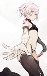  armpit_peek bangs black_legwear black_panties breasts brown_eyes closed_mouth commentary crop_top elbow_gloves eyebrows_visible_through_hair facial_scar fate/apocrypha fate/grand_order fate_(series) gloves hair_between_eyes highres hiranko holding holding_knife holding_weapon jack_the_ripper_(fate/apocrypha) knife looking_at_viewer looking_down navel panties pink_hair scar scar_on_cheek short_hair sleeveless small_breasts solo thighhighs turtleneck underwear weapon white_gloves 