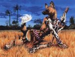  2002 african_wild_dog anthro black_fur bracelet brown_fur canine clothed clothing club_(weapon) ear_piercing fur grass heather_bruton jewelry male mammal melee_weapon necklace outside piercing solo tree weapon white_fur wood 