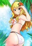  ;p ahoge ass bikini blonde_hair breasts day eyebrows_visible_through_hair floral_print flower from_behind green_eyes hair_between_eyes hair_flower hair_ornament hibiscus hoshii_miki idolmaster idolmaster_(classic) long_hair looking_at_viewer looking_back medium_breasts momoda_yasuhito one_eye_closed orange_flower outdoors palm_tree shiny shiny_skin sideboob solo standing swimsuit tongue tongue_out tree very_long_hair white_bikini 