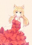  :3 animal_ears bad_anatomy bare_shoulders blonde_hair breasts cat_ears cleavage closed_mouth collarbone commentary curly_hair dress eyebrows_visible_through_hair eyes_visible_through_hair green_eyes highres jewelry long_dress long_hair looking_at_viewer maple_(sayori) medium_breasts necklace nekopara outstretched_hand polka_dot polka_dot_background red_dress skirt_hold solo sylux 