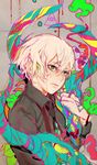  absurdres bangs black_neckwear blonde_hair cigarette colorful commentary from_side grey_eyes grey_jacket hair_between_eyes highres hiranko holding holding_cigarette jacket long_sleeves looking_afar looking_away male_focus necktie original parted_lips psychedelic sanpaku solo stain 