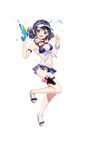  bikini bikini_skirt black_hair blue_eyes bracelet breasts cleavage double_bun formation_girls front-tie_top full_body goggles goggles_around_neck hatomori_miu highres holster jewelry kamura_poku long_hair looking_at_viewer navel official_art open_mouth polka_dot sandals shiny shiny_skin skindentation small_breasts solo swimsuit thigh_holster toenail_polish transparent_background visor_cap water_gun wet 
