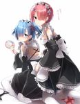  alternate_hairstyle apron black_ribbon blue_eyes blue_hair blue_ribbon bowtie_removed check_translation commentary detached_sleeves eyes_visible_through_hair frilled_sleeves frills hair_ornament hair_over_one_eye hair_ribbon highres looking_at_viewer maid maid_headdress multiple_girls no_shoes pantyhose pentagon_(railgun_ky1206) pink_eyes pink_hair pink_ribbon purple_ribbon ram_(re:zero) re:zero_kara_hajimeru_isekai_seikatsu red_eyes red_ribbon rem_(re:zero) ribbon ribbon-trimmed_clothes ribbon_trim short_hair siblings sisters translation_request twins twintails underbust white_apron white_legwear x_hair_ornament 