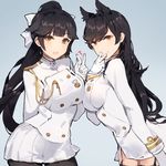  2girls aiguillette animal_ears atago_(azur_lane) azur_lane bangs black_hair black_legwear blush bow breasts closed_mouth commentary_request double-breasted eyebrows_visible_through_hair garter_straps gloves gradient gradient_background hair_bow hand_up kishiyo large_breasts long_hair md5_mismatch medium_breasts military military_uniform miniskirt multiple_girls open_mouth pantyhose ponytail sidelocks skirt smile swept_bangs takao_(azur_lane) thighhighs uniform v wavy_hair white_bow white_gloves white_skirt zettai_ryouiki 