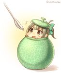  1girl ahoge bangs blunt_bangs blush blush_stickers bow brown_eyes chibi food fruit fruit_cup furrowed_eyebrows glint gradient gradient_background green_bow hair_bow in_container in_food kantai_collection melon mika_(1020mk) open_mouth peeking_out ponytail short_hair sidelocks solo spoon sweat tareme twitter_username wavy_mouth yellow_background yuubari_(kantai_collection) 