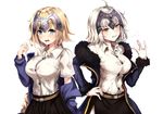  ahoge belt blonde_hair blue_eyes blush braid breasts dress_shirt dual_persona fate/grand_order fate_(series) fur_trim hand_on_hip jacket jeanne_d'arc_(alter)_(fate) jeanne_d'arc_(fate) jeanne_d'arc_(fate)_(all) large_breasts long_hair multiple_girls nakatokung off_shoulder open_mouth shirt short_hair silver_hair single_braid skirt very_long_hair wicked_dragon_witch_ver._shinjuku_1999 yellow_eyes 