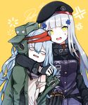  2girls :d anger_vein arm_around_neck bangs beret black_gloves black_hat blue_hair blunt_bangs blush_stickers clenched_hand commentary g11_(girls_frontline) girls_frontline gloves green_eyes green_hat green_jacket hair_ornament hat head_tilt highres hk416_(girls_frontline) jacket long_hair looking_at_viewer magazine_(weapon) multiple_girls open_clothes open_jacket open_mouth signature smile tosyeo v-shaped_eyebrows very_long_hair wavy_mouth yellow_background 