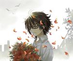  bird black_hair bouquet flower glasses kiriyama_rei male_focus miho_(mi) outdoors petals sangatsu_no_lion shirt solo upper_body white_shirt 