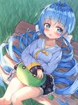  bench black_skirt blue_eyes blue_hair blue_shirt blush character_request crossed_arms curly_hair highres long_hair maplestory maplestory_2 open_mouth outdoors ribbon shirt sitting skirt slime smile tandohark twintails very_long_hair 