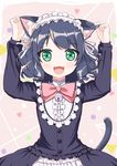  1girl :3 :d absurdres animal_ears arms_up bangs beige_background bell black_dress black_hair blush bow cat_ears cat_girl cat_tail chinese_commentary circle collar commentary_request curly_hair cyan_(show_by_rock!!) dress ear_grab eyebrows_visible_through_hair frilled_collar frilled_dress frills green_eyes hairband heart highres jingle_bell lolita_hairband long_hair long_sleeves looking_at_viewer open_mouth partial_commentary pink_bow ribbon show_by_rock!! smile solo square tail tareme triangle upper_body white_ribbon xiaosamiao 