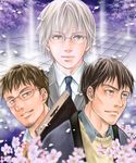  black_hair blue_neckwear brown_eyes brown_hair flower glasses hayashida_takahashi looking_at_viewer male_focus multiple_boys necktie sangatsu_no_lion shimada_kai_(sangatsu_no_lion) show.s silver_eyes souya_touji upper_body white_hair 