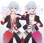  asymmetrical_clothes bad_id bad_twitter_id beppu_akihiko beppu_haruhiko binan_koukou_chikyuu_bouei-bu_love! blue_hair bracelet brothers choker cowboy_shot eyebrows_visible_through_hair fang frills hair_between_eyes hand_in_hair headset highres idol jewelry loose_necktie male_focus multiple_boys music necktie pectorals pink_eyes red_eyes saccuv sash siblings singing twins 