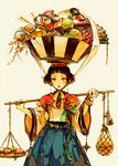  :o akagi_shun arrow bangle beige_background bell blue_skirt bob_cut bottle bowl bracelet brown_hair capelet carrying_pole commentary_request corsage daruma_doll earrings facial_mark fan flower folding_fan food fruit gourd graphite_(medium) jewelry kettle long_sleeves looking_at_viewer neck_ribbon object_on_head original parted_lips red_eyes ribbon sake_bottle shirt short_hair simple_background skirt solo standing traditional_media vegetable very_short_hair white_shirt wide_sleeves 