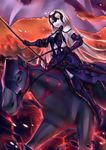  armor armored_boots banner black_footwear black_gloves black_legwear boots breasts chain elbow_gloves fate/grand_order fate_(series) floating_hair gloves highres holding holding_weapon horse jeanne_d'arc_(alter)_(fate) jeanne_d'arc_(fate)_(all) long_hair medium_breasts open_mouth pak_ce riding sideboob silver_hair smile solo thigh_boots thighhighs very_long_hair weapon 