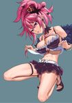  bare_legs belt between_breasts black_skirt blue_background bracelet breasts cleavage crown disgaea feather_boa full_body jewelry large_breasts makai_senki_disgaea_5 midriff mini_crown miniskirt navel necktie necktie_between_breasts open_toe_shoes pink_hair pointy_ears ponytail purple_eyes red_neckwear seraphina_(disgaea) shirt_lift shoes short_hair simple_background skirt solo squatting tomiokasena white_belt 