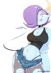  2017 absurd_res big_breasts breasts clothed clothing collar dandy_demons demon devilchild female hair hair_over_eye hi_res horn humanoid looking_at_viewer not_furry peculiart pubes shorts silvia_(peculiart) simple_background smile solo thick_thighs tongue tongue_out torn_clothing white_background wide_hips 