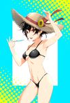  :d arizuka_(catacombe) armpits ass bikini black_bikini black_hair breasts brown_eyes cleavage food hat highres looking_at_viewer medium_breasts navel open_mouth original popsicle short_hair smile solo straw_hat sun_hat swimsuit teeth 