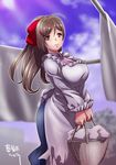  artist_name basket bed_sheet bow breasts brown_eyes brown_hair clothesline cowboy_shot hair_bow hair_ornament hair_ribbon hairclip kantai_collection kappougi large_breasts long_hair looking_at_viewer mamiya_(kantai_collection) parted_lips ponytail red_bow ribbon shungikuten solo 