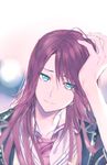  aqua_eyes bang_dream! blurry blurry_background collarbone collared_shirt eyebrows_visible_through_hair green_eyes hair_over_one_eye head_rest jacket light_smile long_hair looking_at_viewer necktie red_hair shirt sohu solo udagawa_tomoe upper_body 