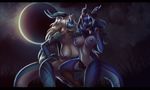  2017 anthro big_breasts black_scales blue_eyes blue_hair blue_nipples blue_scales breasts cloud digital_media_(artwork) dragon duo female ghostli glowing glowing_eyes grass hair horn long_hair looking_at_viewer moon nipples outside pussy scales scalie thick_thighs white_hair 