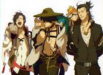  akashi_kuniyuki barefoot black_hair blue_hair carrying child collarbone facial_hair glasses goggles grin haori hat ima-no-tsurugi japanese_clothes jumpsuit mad369 male_focus multicolored_hair multiple_boys nagasone_kotetsu nihongou_(touken_ranbu) orange_hair piggyback pom_pom_(clothes) purple_hair sayo_samonji shirtless smile stubble touken_ranbu urashima_kotetsu walking yawning younger 