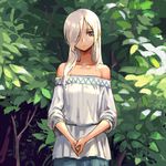  bangs bare_shoulders blouse brown_eyes closed_mouth cowboy_shot hair_over_one_eye long_hair looking_at_viewer off_shoulder oopartz_yang original outdoors own_hands_together silver_hair solo tree uma_(oopartz_yang) white_blouse white_hair 