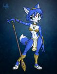  2017 anthro armor artbirchly_(artist) blue_fur blue_hair breasts canine clothing female fox fur hair jewelry krystal mammal melee_weapon nintendo polearm simple_background solo spear star_fox video_games weapon white_fur 