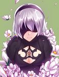  absurdres blindfold cleavage_cutout closed_mouth collarbone commentary covered_eyes facing_viewer flower gradient_hair green_background grey_hair hairband highres long_sleeves multicolored_hair nier_(series) nier_automata no_mole petals puffy_long_sleeves puffy_sleeves purple_flower short_hair silver_hair simple_background solo white_flower white_hair wintersteam yorha_no._2_type_b 