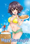  bangs bikini bikini_shorts black_hair braid breasts brown_eyes burafu cleavage cloud cloudy_sky commentary cowboy_shot day drinking_straw flower food girls_und_panzer glass green_bikini_bottom happy_birthday holding large_breasts looking_at_viewer mismatched_bikini navel ocean open_mouth outdoors pepperoni_(girls_und_panzer) pizza short_hair shorts side_braid sky smile solo sparkle standing swimsuit tray yellow_bikini_top 