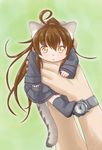  :3 ahoge animal_ears brown_hair cat_ears cat_tail chibi commentary_request fumizuki_(kantai_collection) jack_(slaintheva) kantai_collection kemonomimi_mode lifting_person long_hair looking_at_viewer minigirl skirt solo tail very_long_hair watch wristwatch yellow_eyes 