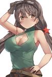  arm_up bare_shoulders belt belt_buckle blush breasts brown_belt brown_eyes brown_hair buckle center_opening cleavage closed_mouth eyebrows_visible_through_hair girls_frontline gloves goggles goggles_on_head green_shirt hair_between_eyes hand_on_hip highres long_hair looking_at_viewer low_twintails medium_breasts motokonut shirt simple_background single_glove sleeveless sleeveless_shirt solo twintails type_56_assault_rifle_(girls_frontline) white_background 
