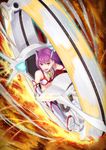  bare_shoulders boots detached_sleeves fate/grand_order fate_(series) fire hair_ornament helena_blavatsky_(fate/grand_order) helena_blavatsky_(swimsuit_archer)_(fate) highres midriff monowheel open_mouth purple_eyes purple_hair signature solo yanagi_ryuuta 