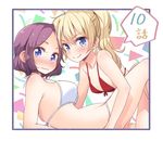  &gt;:) all_fours bangs bare_arms bikini blonde_hair blue_eyes blush breasts from_side large_breasts long_hair looking_at_viewer lying medium_breasts multiple_girls new_game! on_back parted_bangs ponytail purple_hair red_bikini short_hair smile strap_gap swimsuit tokunou_shoutarou tooyama_rin v-shaped_eyebrows wavy_mouth white_bikini yagami_kou yuri 