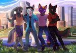  4_toes 5_fingers anthro barefoot black_fur blonde_hair canine clothed clothing day detailed_background digitigrade dog ear_piercing eyewear female fox fur glasses green_eyes group hair heterochromia ketty-leopardess male mammal outside piercing red_eyes smile standing toes yellow_eyes yellow_nose 