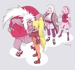  3girls anger_vein blonde_hair blood breasts cleavage facial_mark forehead_mark genderswap genderswap_(mtf) gloves haruno_sakura jiraiya large_breasts long_hair multiple_girls naruko naruto naruto_(series) naruto_shippuuden nosebleed pink_hair risuo tsunade twintails twitter_username uzumaki_naruto whisker_markings white_hair 