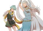  1girl bare_shoulders blue_hair brother_and_sister cape closed_eyes dancing darkgreyclouds dress fire_emblem fire_emblem:_rekka_no_ken flute hair_ornament instrument long_hair mamkute nils ninian short_hair siblings smile white_background 