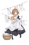  apron baby_bottle beatrice_(princess_principal) black_dress bottle brown_eyes brown_hair bun_cover clothes_pin clothesline cradle double_bun dress full_body highres long_dress looking_at_viewer maid maid_apron makaria official_art open_mouth princess_principal princess_principal_game_of_mission solo standing stuffed_animal stuffed_toy teddy_bear toy transparent_background 