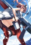  aircraft airplane ass blue_eyes blurry breast_pocket breasts brown_hair day depth_of_field dress flight_deck from_below gun hair_between_eyes highres kantai_collection large_breasts long_hair looking_at_viewer looking_down magazine_(weapon) neckerchief ocean pocket ponytail red_legwear red_neckwear saratoga_(kantai_collection) short_sleeves side_ponytail sidelocks smile solo submachine_gun thighhighs tsuuhan weapon white_dress 