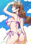  amanogawa_kirara artist_name ass bare_arms bikini breasts brown_hair cleavage covered_nipples cowboy_shot earrings go!_princess_precure hairband heart jewelry joy_ride large_breasts long_hair looking_at_viewer looking_back precure purple_bikini purple_eyes shiny shiny_hair shiny_skin side-tie_bikini smile solo standing star star_earrings swimsuit thong_bikini 