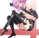  alternate_costume blush boots breasts demon_girl demon_horns demon_tail demon_wings dura elbow_gloves full_body gloves highres horns looking_at_viewer micro_bra navel neptune_(choujigen_game_neptune) neptune_(series) one_eye_closed purple_eyes purple_hair short_hair simple_background sitting small_breasts smile solo tail thighhighs wings zettai_ryouiki 