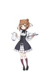  bangs beatrice_(princess_principal) black_bow black_footwear blunt_bangs bow brown_eyes brown_hair double_bun full_body highres holding holding_tray kneehighs looking_at_viewer mary_janes official_art princess_principal princess_principal_game_of_mission purple_legwear school_uniform shoes short_hair solo standing teapot transparent_background tray 